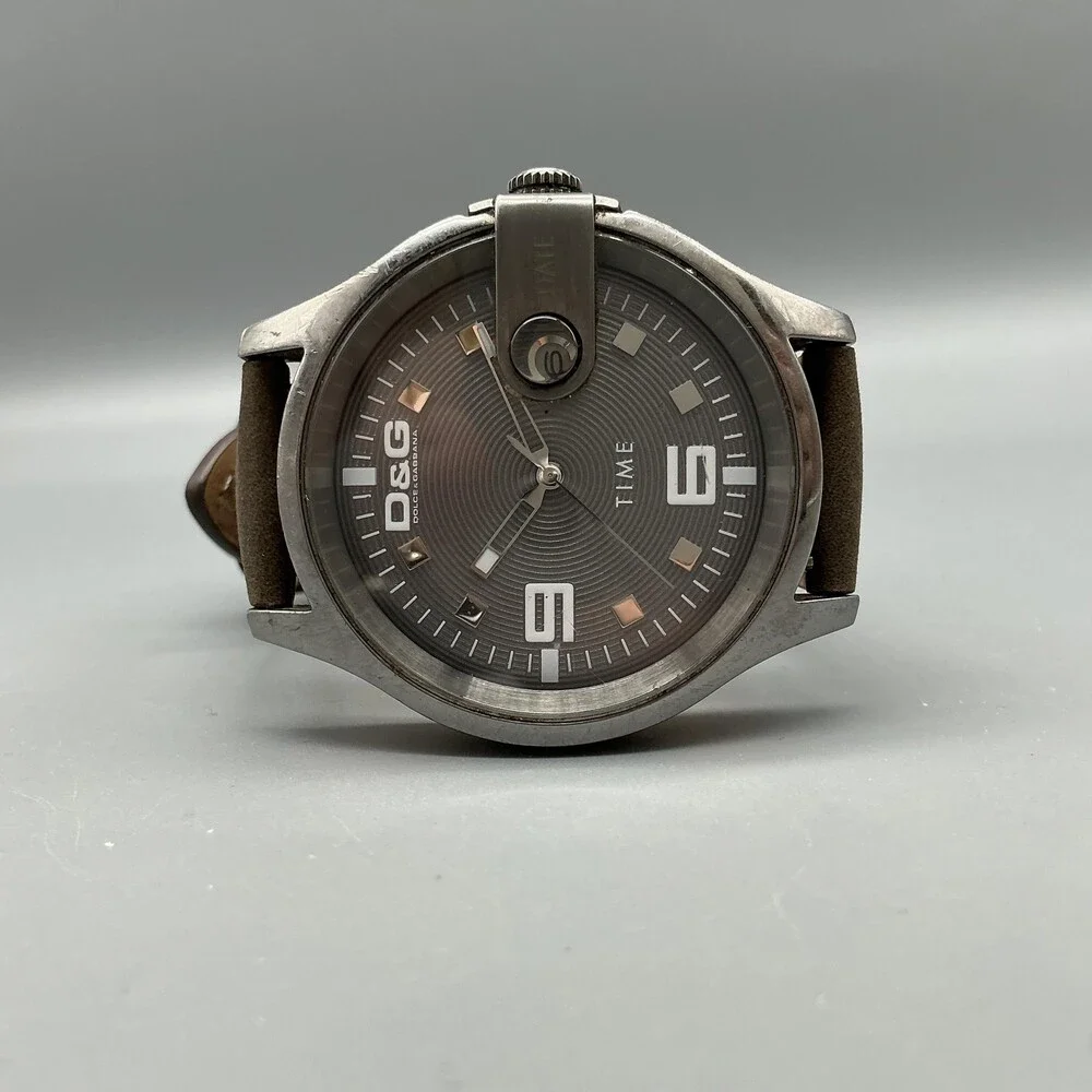 Dolce&Gabbana D&G Time Mens Watch 43mm Gray Dial Brown Leather Date New Battery